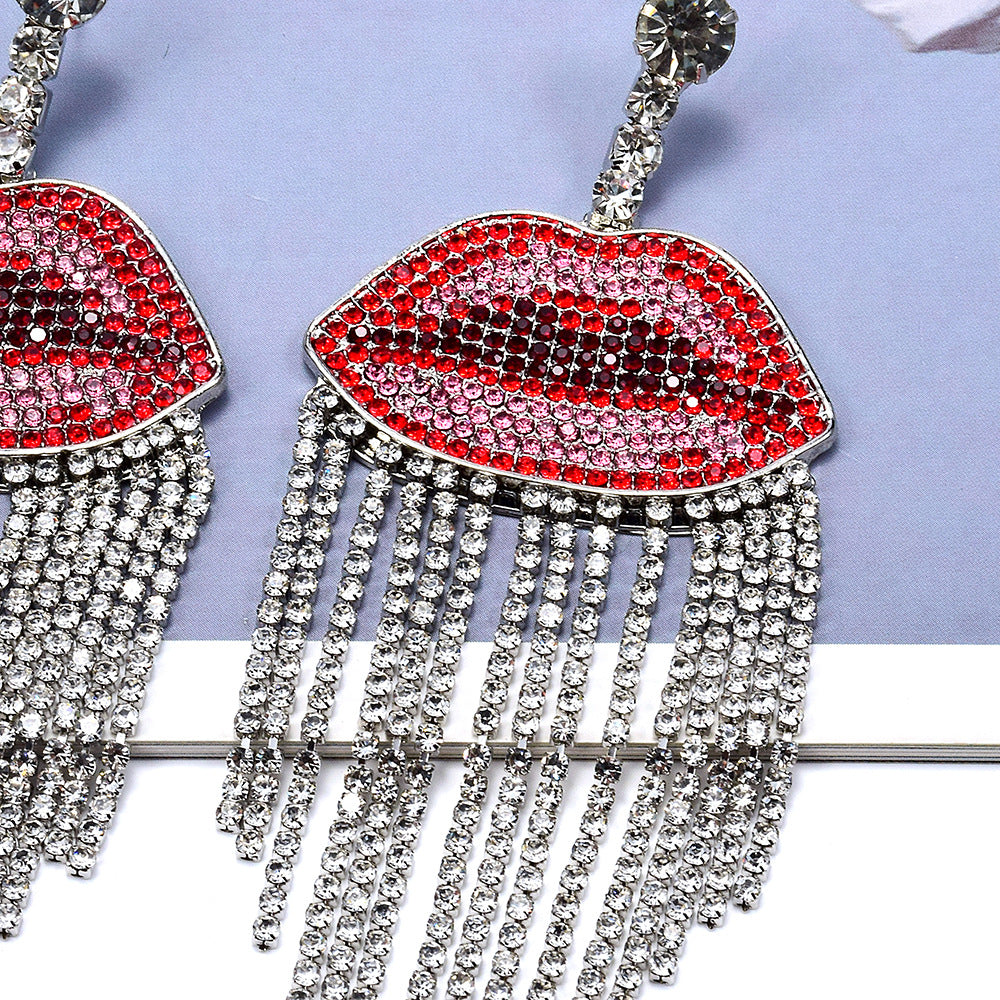 Big Lips Silver Red Crystal Rhinestones Dangle Tassel Earrings Bulk