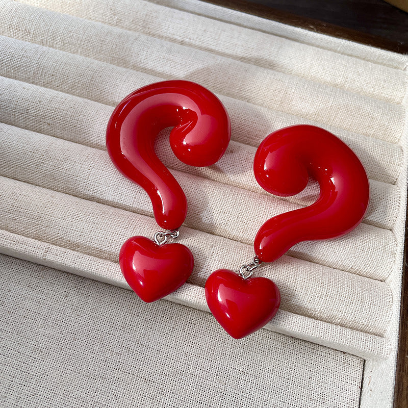 Question Mark Heart Enamel 18K Gold Red Black Anti Tarnish Dangler Drop Earring For Women Main image