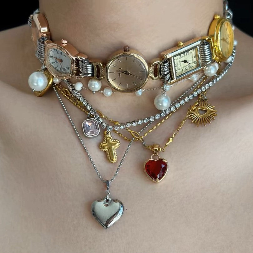Heart Cross Pearl Vintage Punk Anti Tarnish Multi Watch Choker Necklace For Women Main image