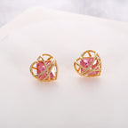 Fashion Heart Frame Gold Plated CZ Anti Tarnish Copper Stud Earrings Bulk