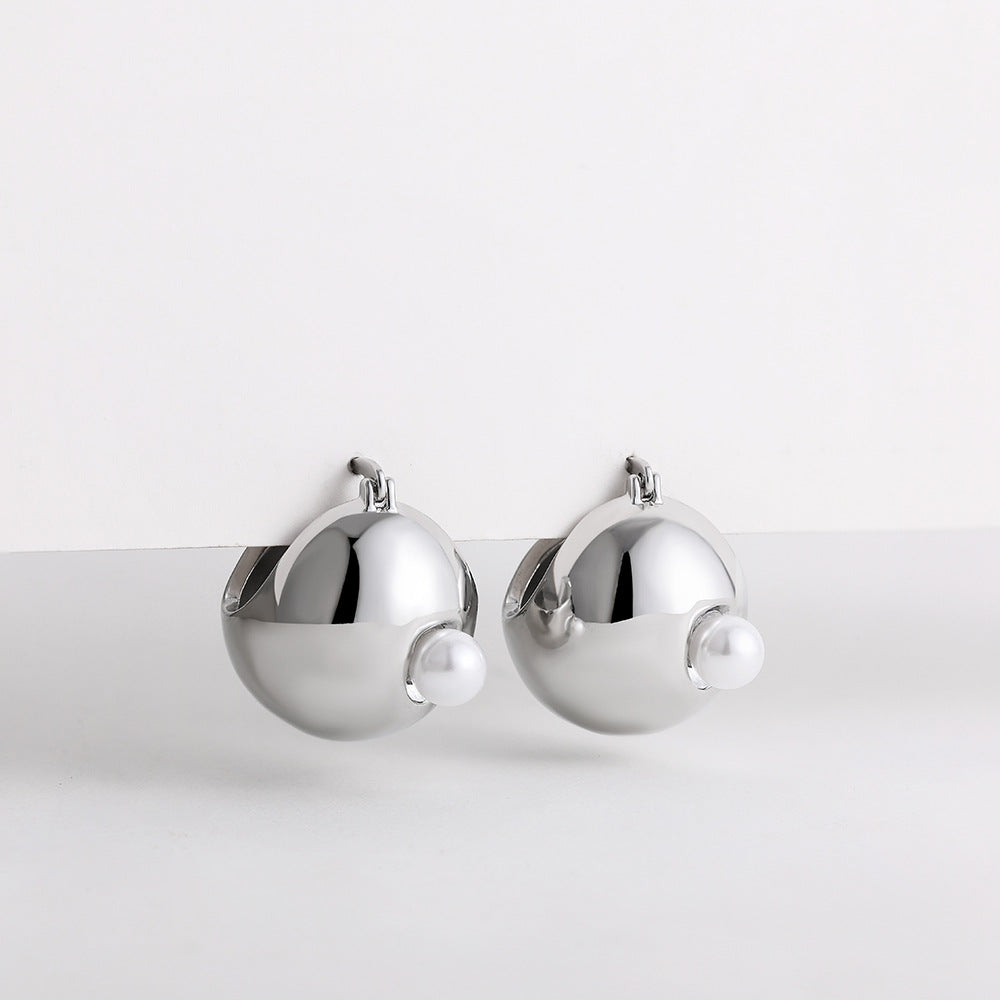 Modern Puffy Gold Silver Pearl Stainless Steel Hoop Earrings Wholesale