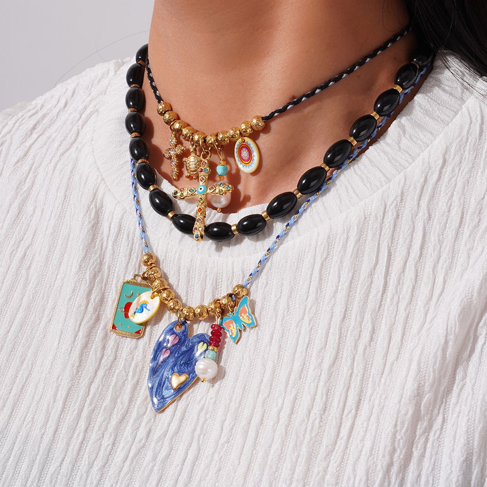 Cross Heart Butterfly Gold Blue Black Anti Tarnish Charm Necklace Pack Of 3 For Women