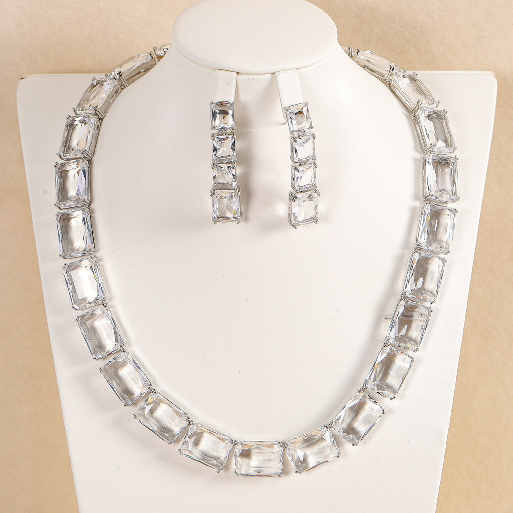 Blue White Rectangular Cut Silver CZ Copper Necklace Earring Set Bulk