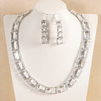Blue White Rectangular Cut Silver CZ Copper Necklace Earring Set Bulk