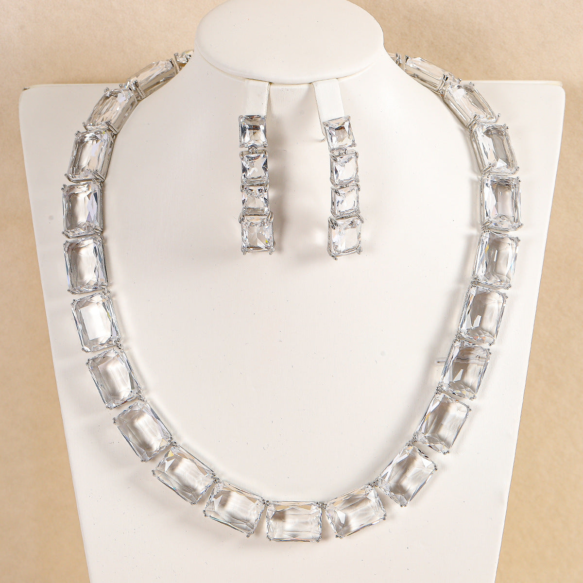 Blue White Rectangular Cut Silver CZ Copper Necklace Earring Set Bulk