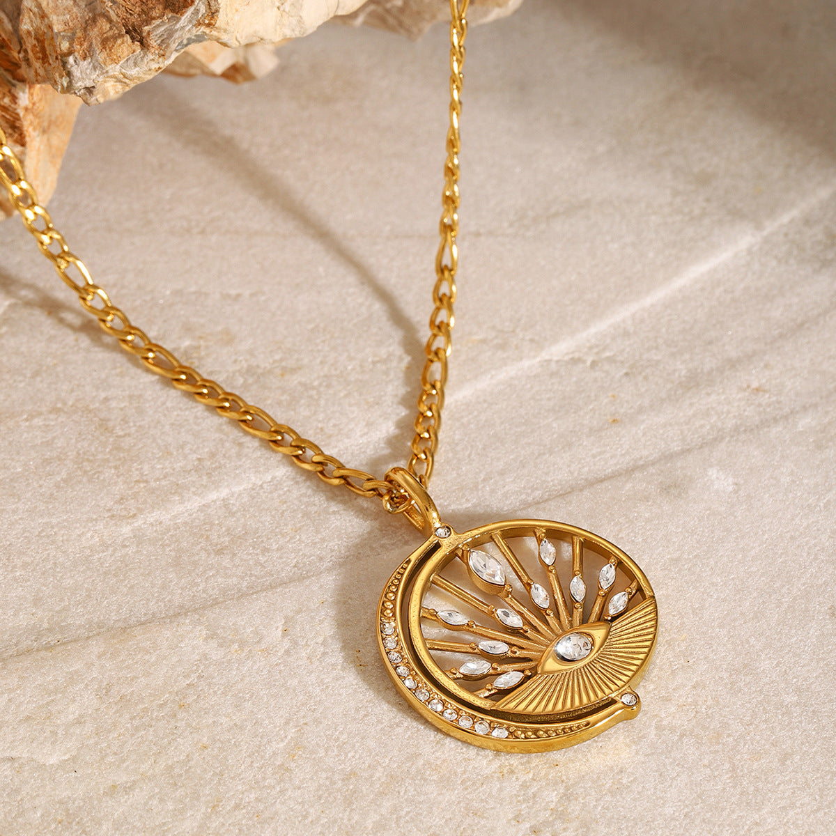 Sun Evil Eye 18K Gold Cubic Zirconia Anti Tarnish Stainless Steel Necklace Pendant Chain For Women