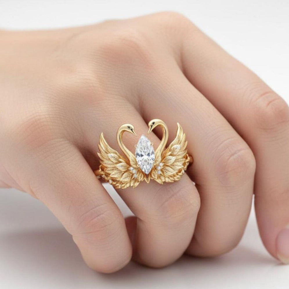 Gold Twin Swan Cubic Zirconia Copper Size Ring For Women Bulk  Main image