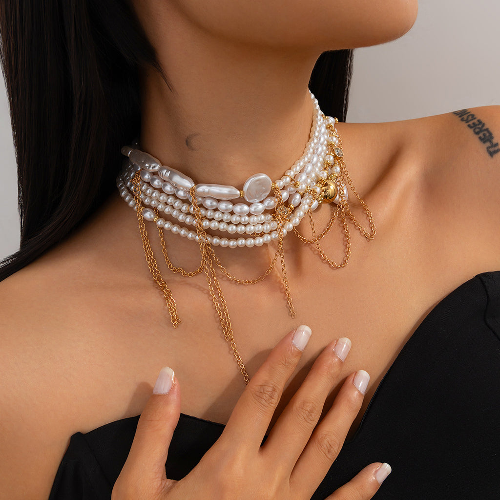 Multi Pearl Layer Link Chain 18K Gold Choker Necklace For Women Bulk