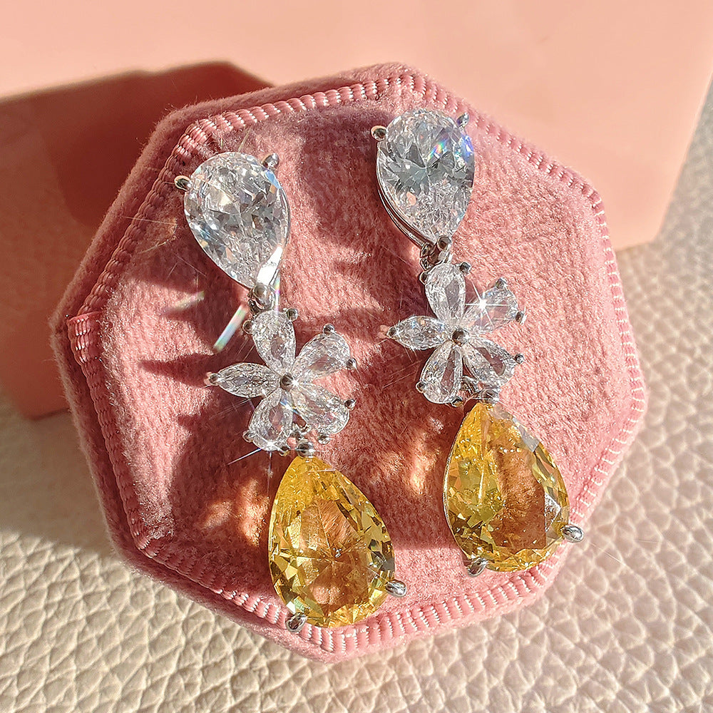 Solitaire Flower Drop Silver Yellow Anti Tarnish Dangler Earring Bulk