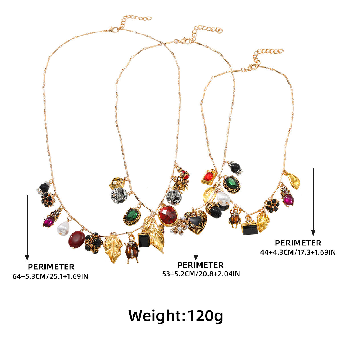 Multi Gemstone Pearl Gold Multiple Charm Necklace Chain Pack Of 3 Bulk