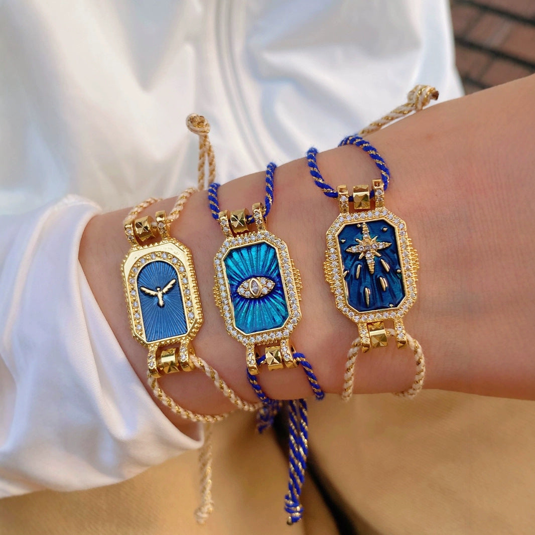 Evil Eye Bird Star 18K Gold CZ Enamel Adjustable Thread Bracelet Bulk