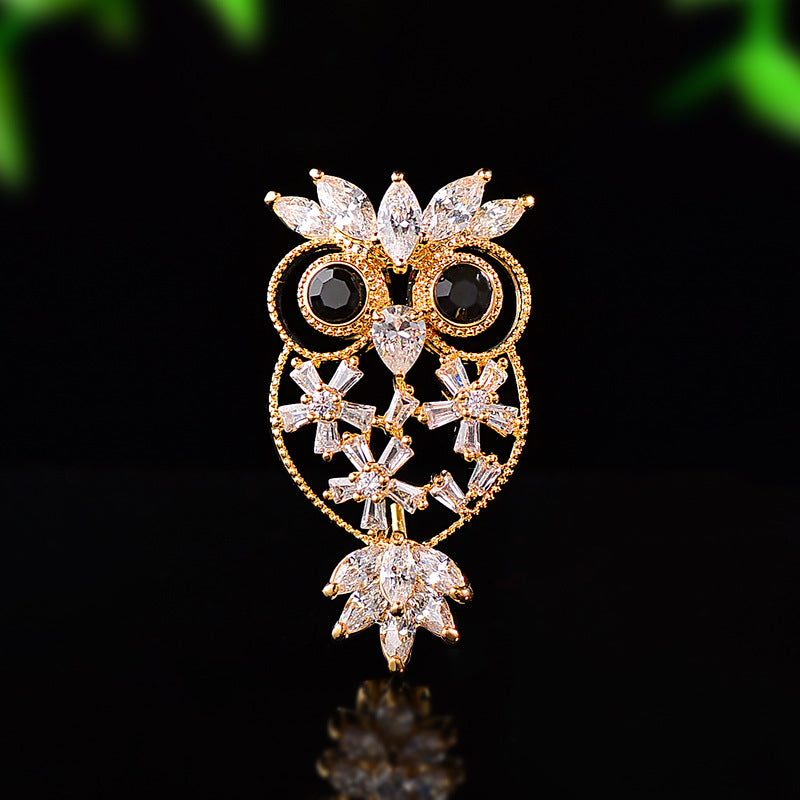 Designer Owl Style Gold Silver Black Crystal CZ Copper Brooch Wholesale