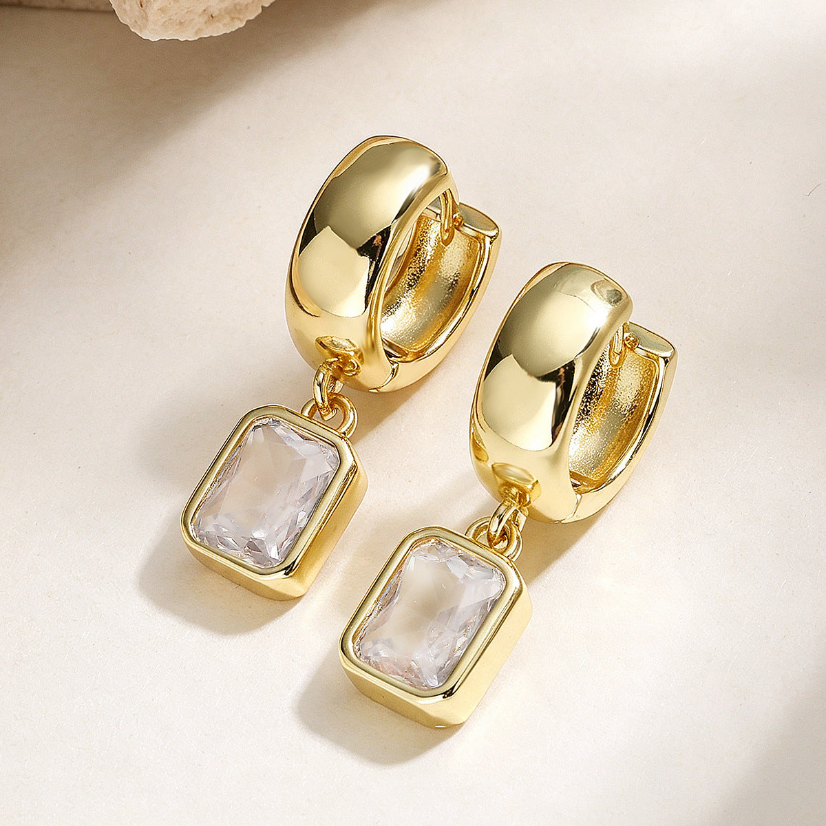 Gold Silver Huggie Rectangle Cubic Zirconia Copper Drop Earrings Women Bulk