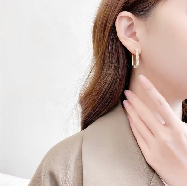Geometric Double Layer Gold Plated White CZ Copper Hoop Earrings Bulk Secondary image