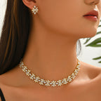 Luxury White Floral Gold Plated CZ Copper Necklace Earring Set Bulk