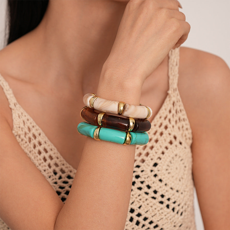 Acrylic Bamboo 18K Gold Blue Beads Stackable Adjustable Bracelet Bulk