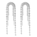 Studded Rhinestone Silver Anti Tarnish Long Tassel Dangler Earring For Women