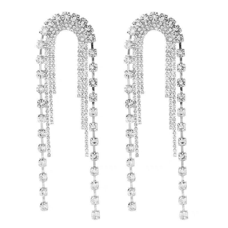 Studded Rhinestone Silver Anti Tarnish Long Tassel Dangler Earring For Women