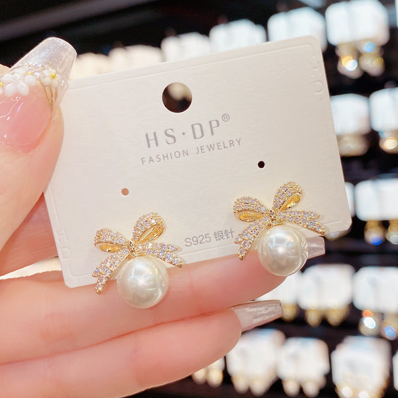 Bow Versatile Gold Silver CZ Pearl Anti Tarnish Stud Earrings Bulk
