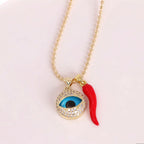 Blue Evil Eye Red Chili Charm Gold CZ Enamel Copper Pendant Chain Bulk