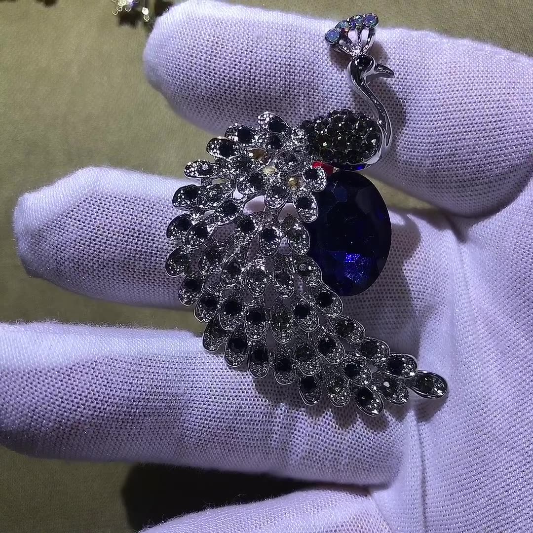 Peacock Blue Silver Cubic Zirconia Crystal Brooch For Women Bulk