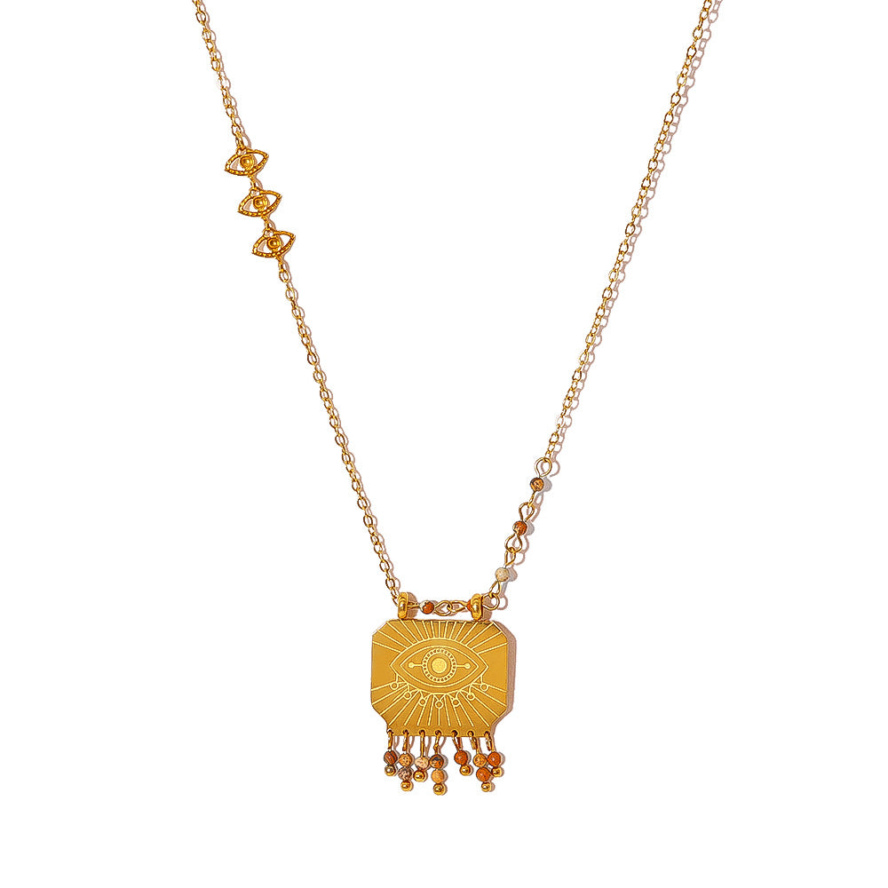 Designer Evil Eye Gold Brown Beads Tassel Stainless Steel Necklace Bulk