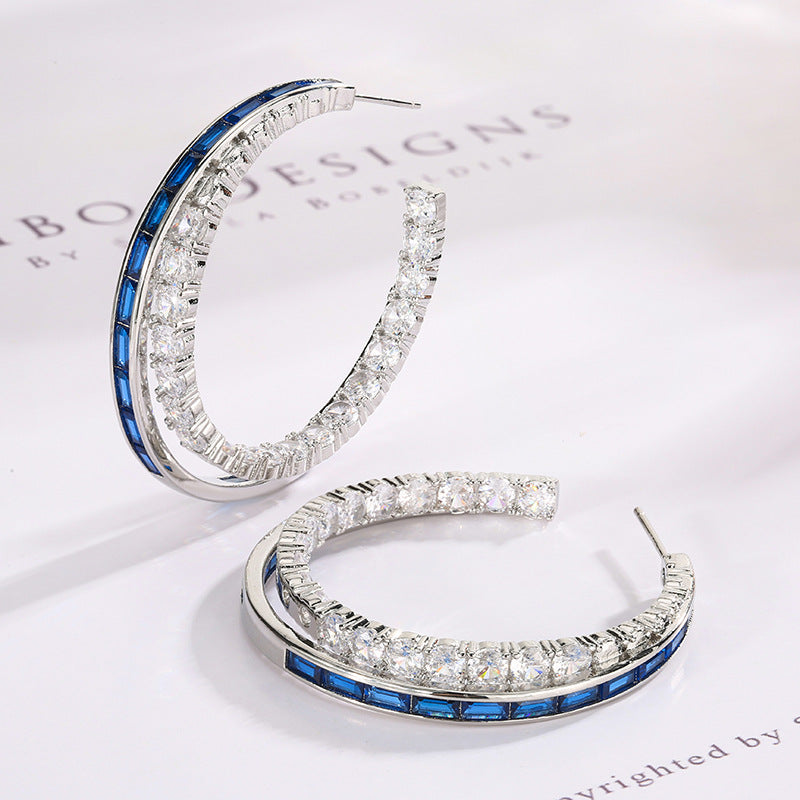 Baguette Blue Pink Silver CZ Anti Tarnish Hoop Earring Bulk