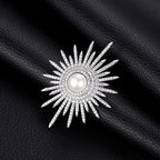 Designer Sunburst Gold Silver Plated CZ Pearl Alloy Brooch Wholesale
