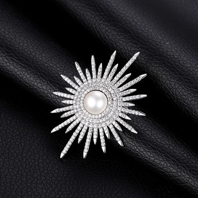 Designer Sunburst Gold Silver Plated CZ Pearl Alloy Brooch Wholesale