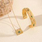 Green Evil Eye Gold CZ Stainless Steel Necklace & Cuff Bracelet Bulk