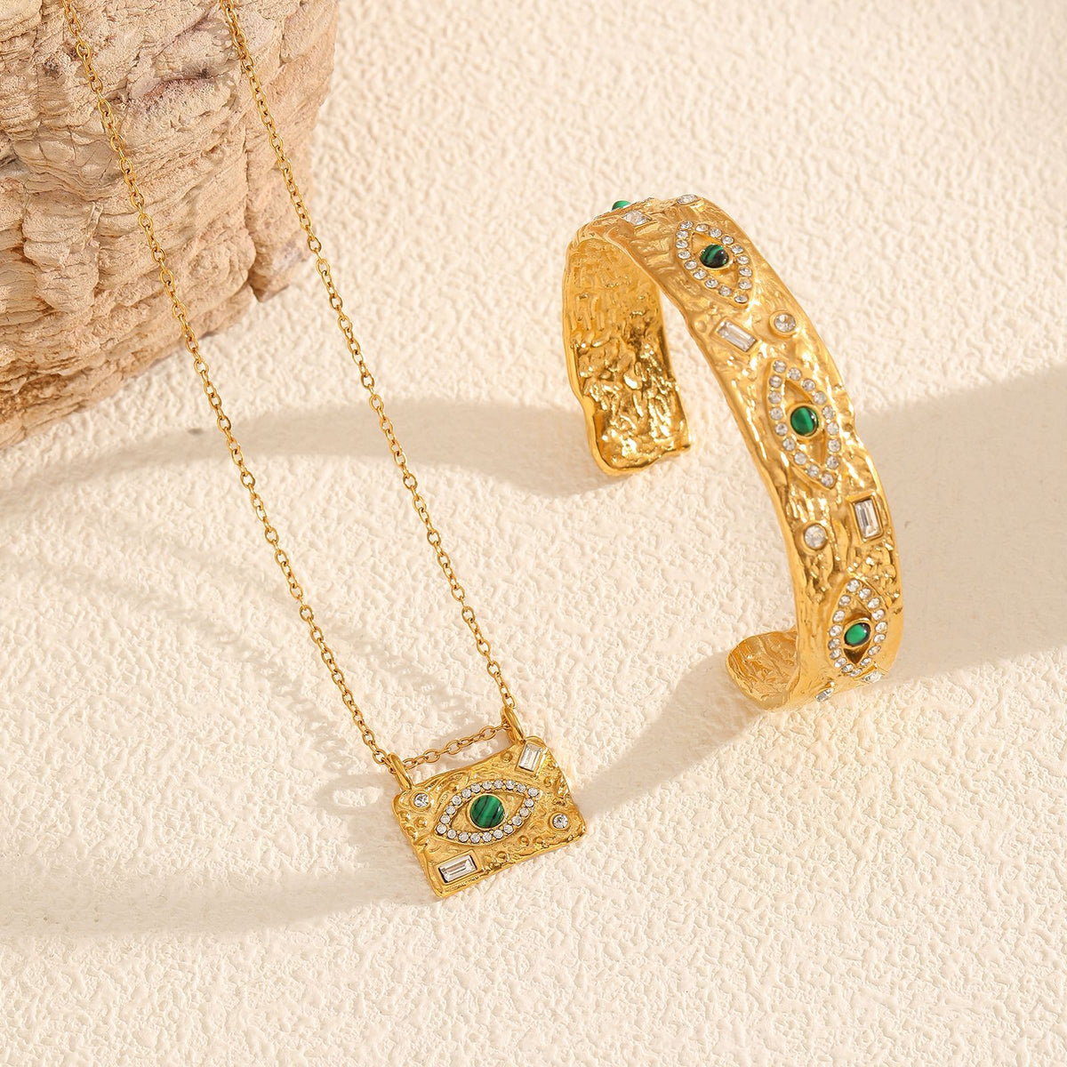 Green Evil Eye Gold CZ Stainless Steel Necklace & Cuff Bracelet Bulk