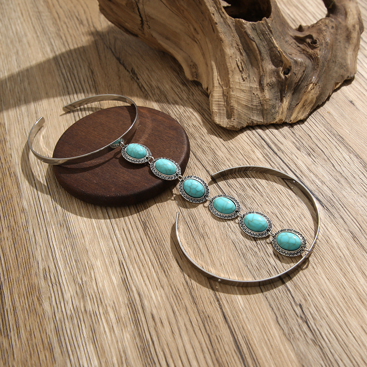 Oval Turquoise Green Beards Green Silver Open Arm Bracelet Women Bulk