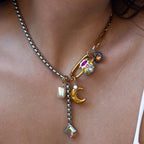 Star Moon Two Tone 18K Gold Silver Black Crystal Charm Stainless Steel Anti Tarnish Necklace Chain For Women