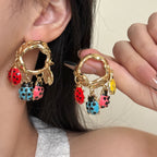 Designer Multi Color Enamel Gold Plated Ladybug Charm Hoop Earrings Bulk