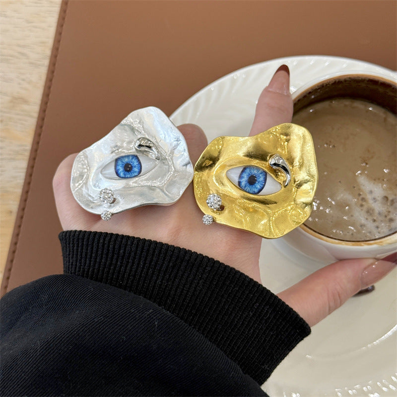 Beaten Finish Evil Eye Gold Blue Silver Adjustable Ring For Women