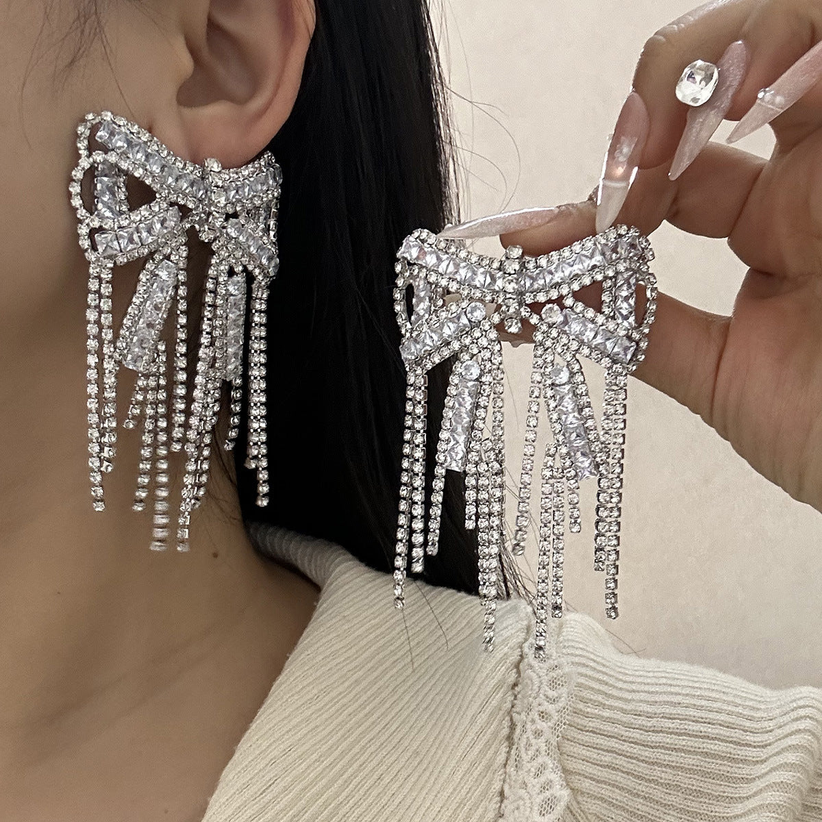 Sparkling Diamond Zircon Bow Silver CZ Dangler Earring Bulk Secondary image