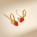 Bulk Red Strawberry Charm Gold Enamel Stainless Steel Hoop Earrings