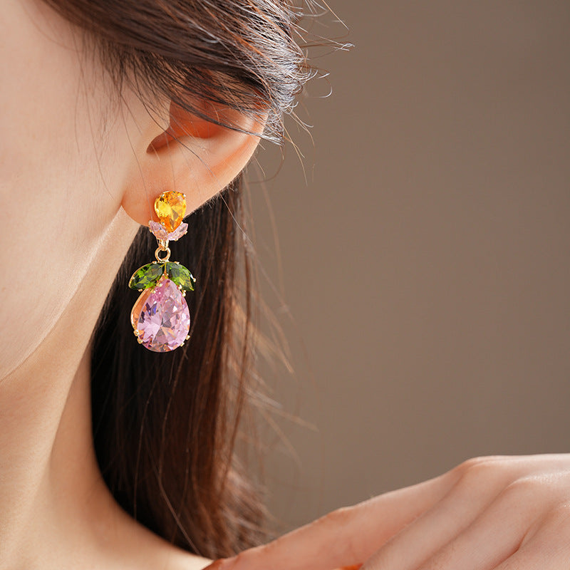 Drop Leaf Solitaire Crystal Pink Orange Anti Tarnish Necklace Earring Set For Women Secondary image