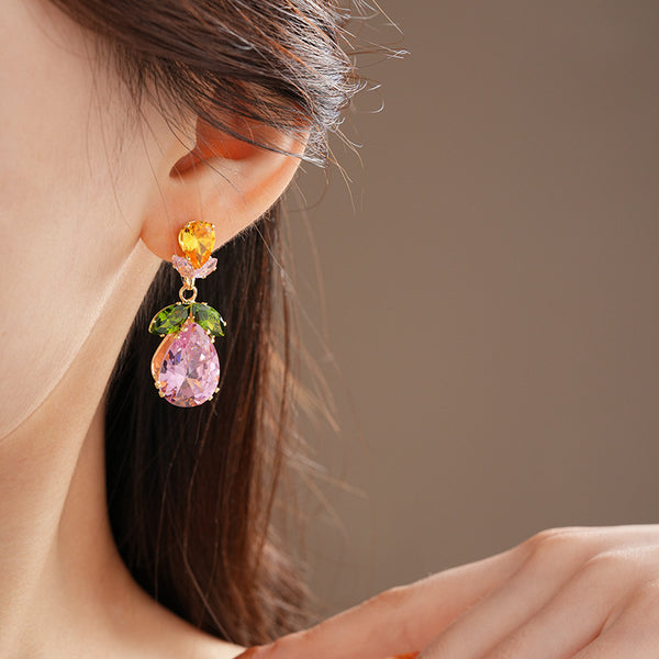 Drop Leaf Solitaire Crystal Pink Orange Anti Tarnish Necklace Earring Set For Women Secondary image