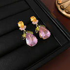 Drop Leaf Solitaire Crystal Pink Orange Anti Tarnish Necklace Earring Set For Women