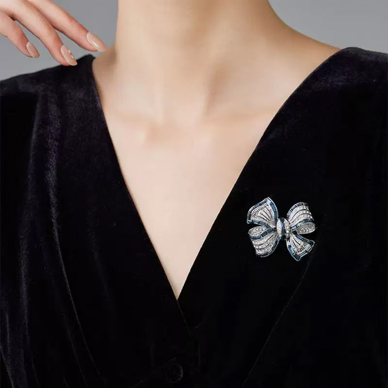 Blue Baguette Ribbon Bow Silver Plated CZ Copper Brooch Wholesale