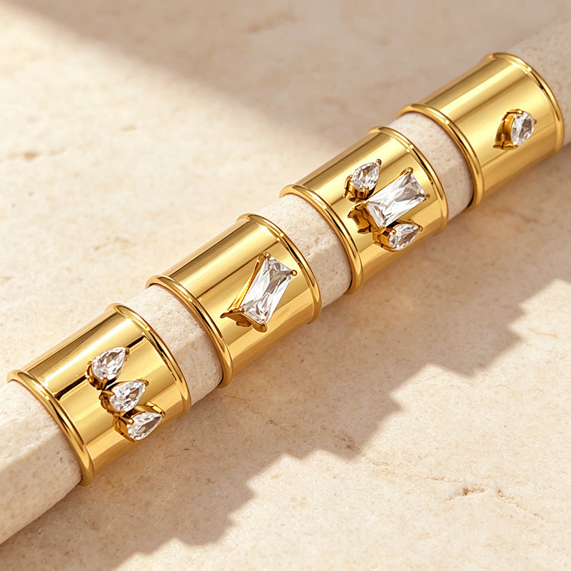 Designer Wide Band Gold CZ Stainless Steel Anti Tarnish Fancy Ring Bulk