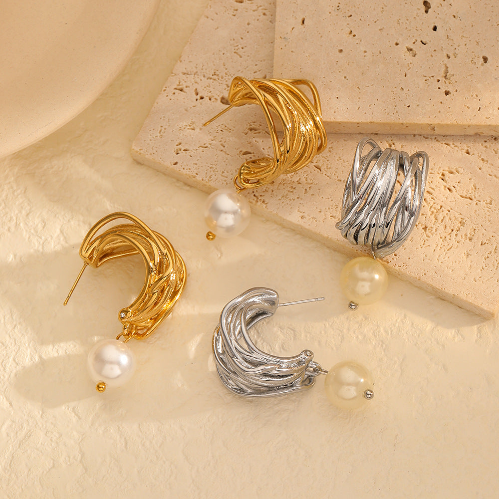 18K Gold Silver Pearl Stainless Steel Anti Tarnish Hoop Earrings Bulk Main image