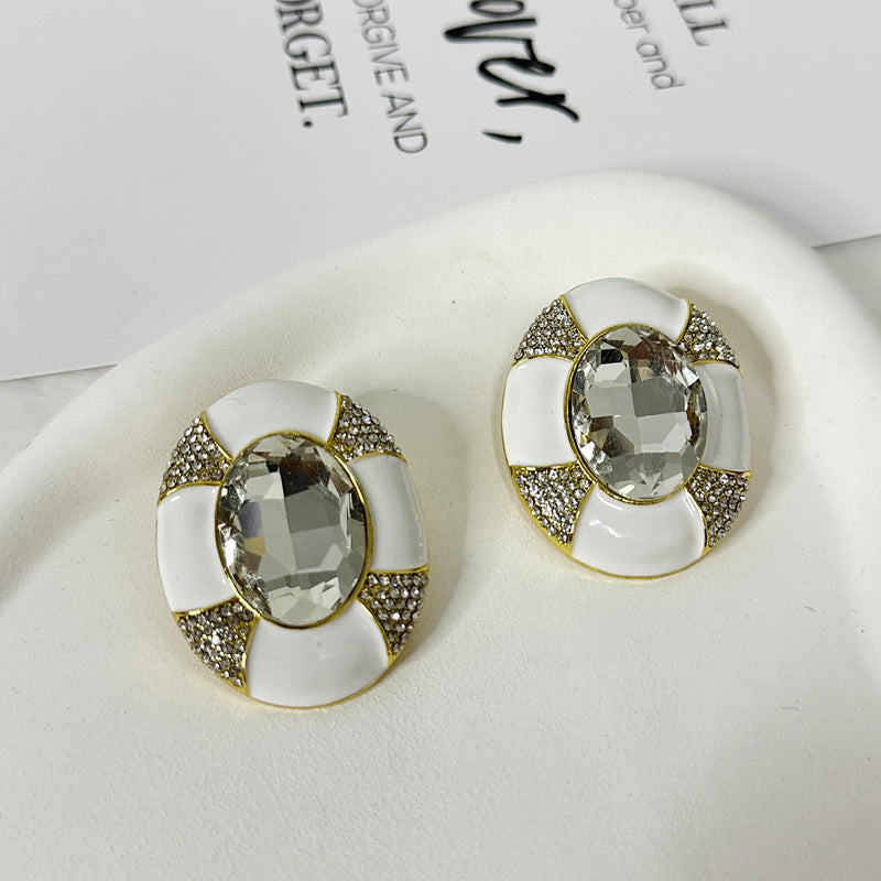 Oval 18K Gold White Enamel Cubic Zirconia Stud Earring For Women Bulk Main image
