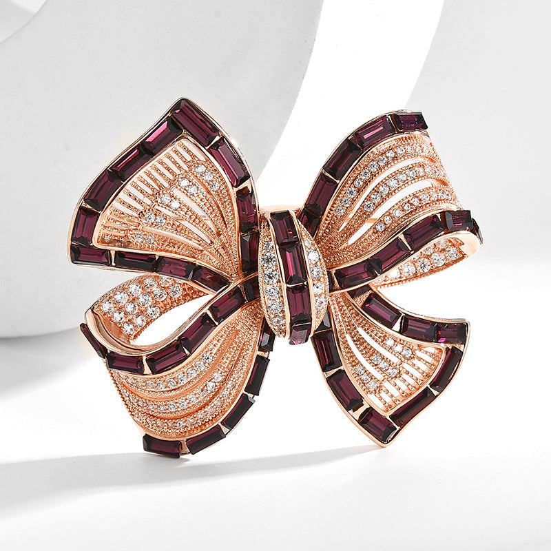 Rose Gold Plated Bow Burgundy Baguette CZ Enamel Copper Brooch Bulk
