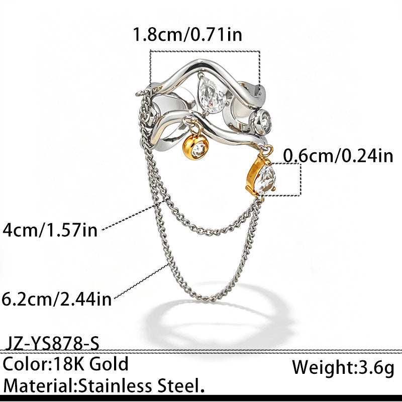 Dual Tone Gold Silver CZ Crystal Chain Stainless Steel Cocktail Ring Bulk