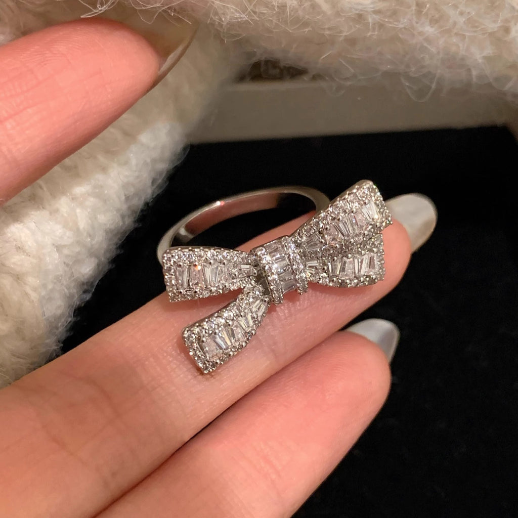 Bow Baguette Cubic Zirconia Silver Anti Tarnish Adjustable Ring Bulk