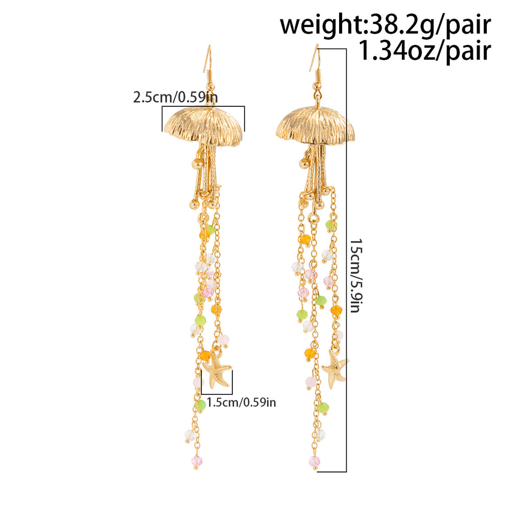Star Fish Bohemian Beads Crystal 18K Gold Jhumki Dangler Tassel Earring For Women