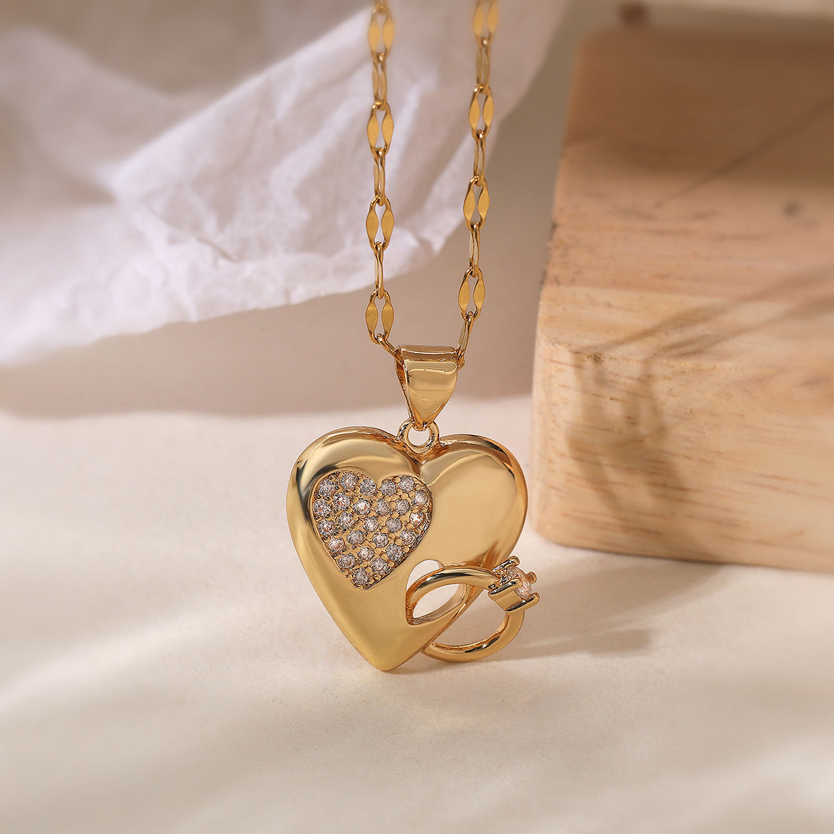 Joint Heart Ring 18K Gold Cubic Zirconia Necklace Pendant Chain Bulk Secondary image