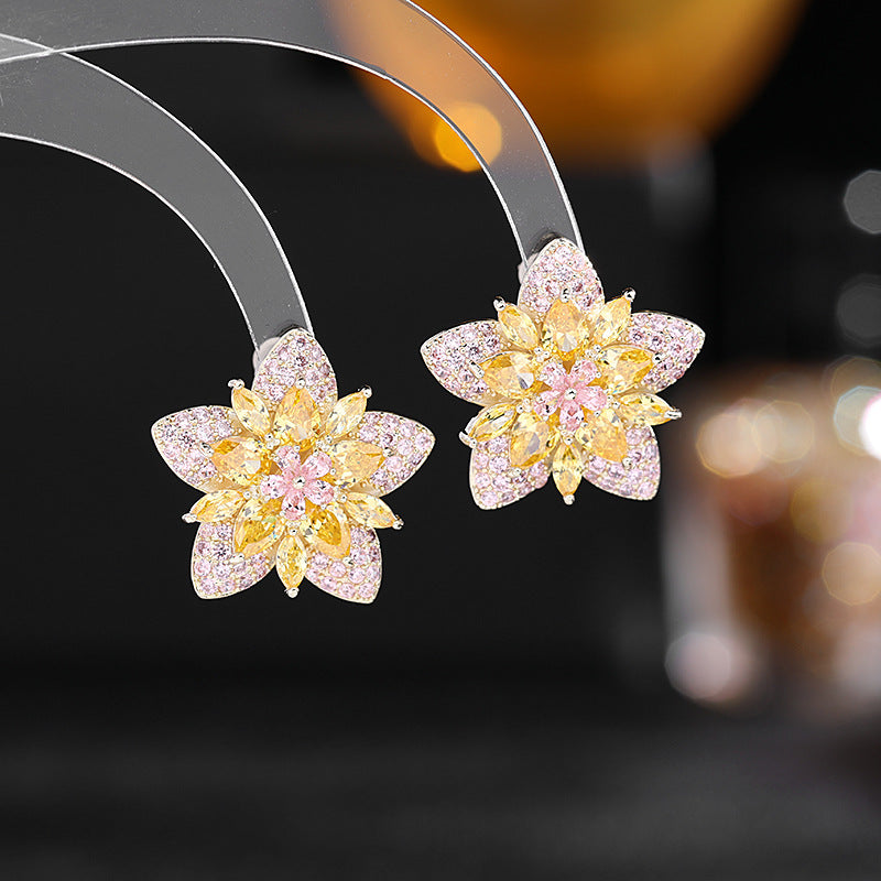 Floral Star Flower Black Green Pink Cubic Zirconia Crystal Anti Tarnish Stud Earring For Women